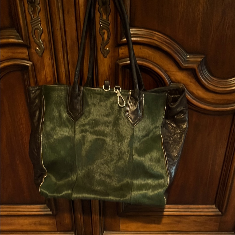 Lauren Merkin green calf hair and black leather tote bag.  Excellent condition